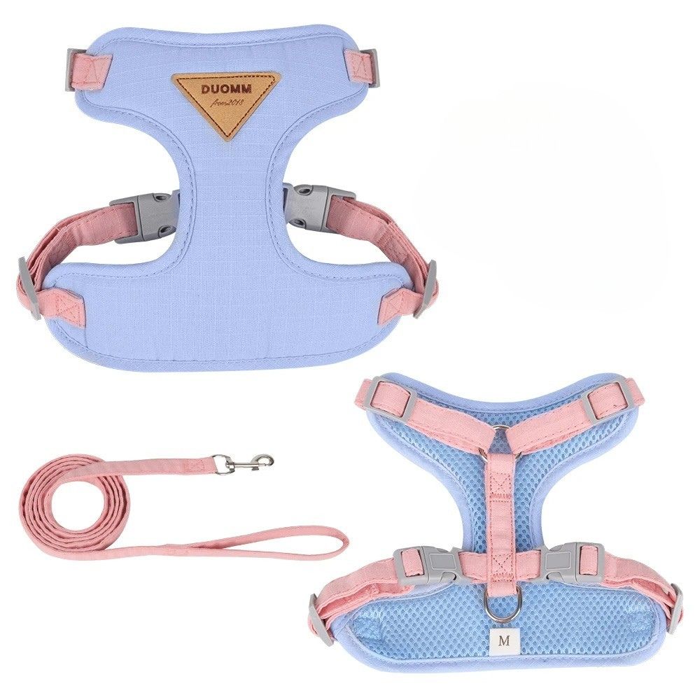 Purple cat harness and leash set on a white background