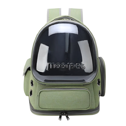 A transparent and green cat carrier backpack in a white background. 