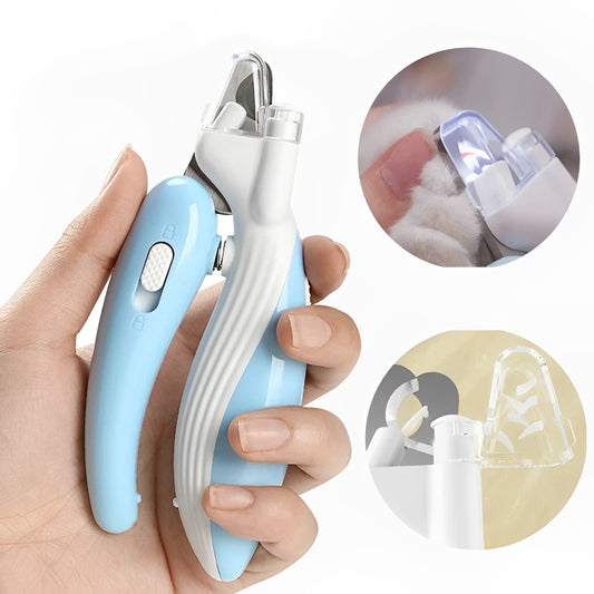 A blue and white cat nail clipper with an LED light, held in a hand, with additional images showing the clippers in use on a cat's paw and a close-up of the clipper's light feature.