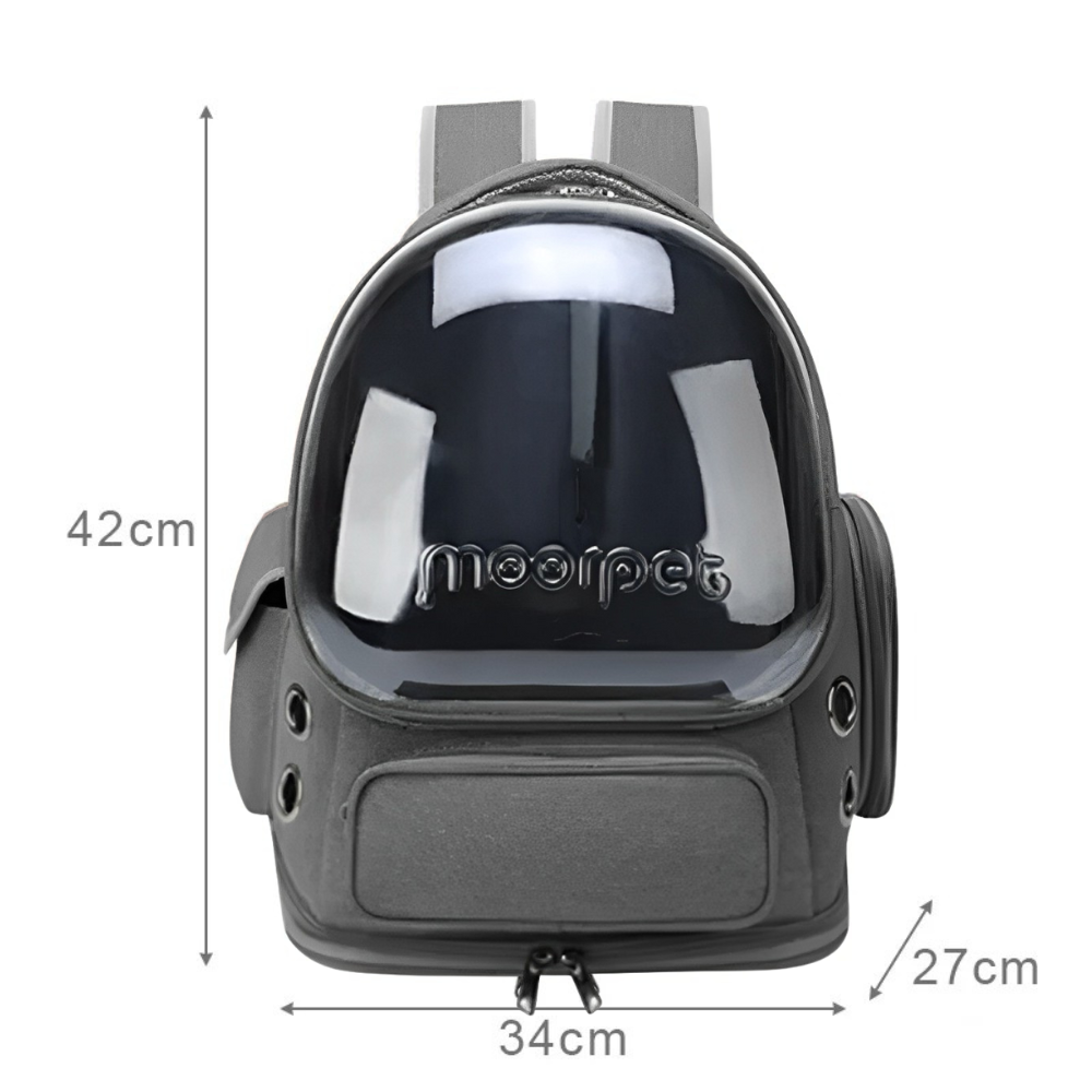 A transparent and brown cat carrier backpack in a white background displaying its measurements. 