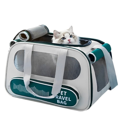 A pet carrier bag with breathable mesh panels, shown with a cat peeking out from the top.