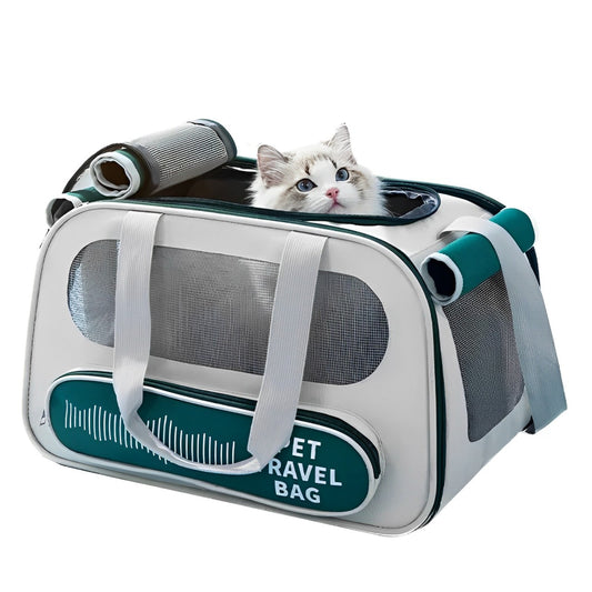 A pet carrier bag with breathable mesh panels, shown with a cat peeking out from the top.