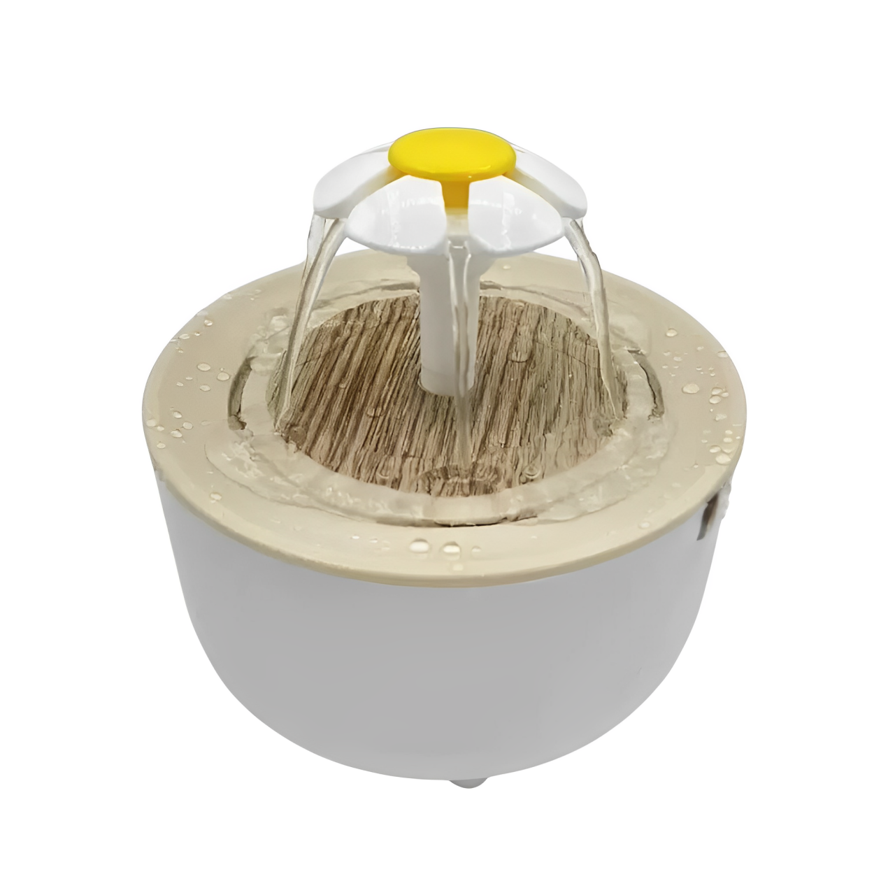 A beige cat water fountain with a flowing water design on a white background