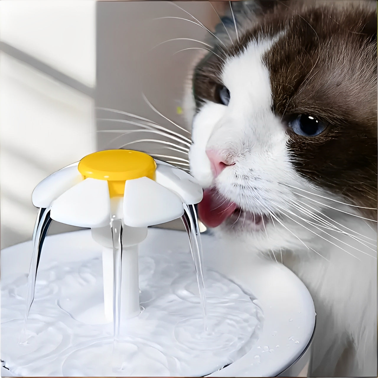 A cat drinking from a water fountain with a flowing design