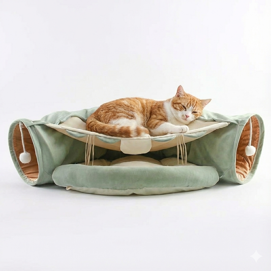 Cat lying on a green pet hammock with a white background