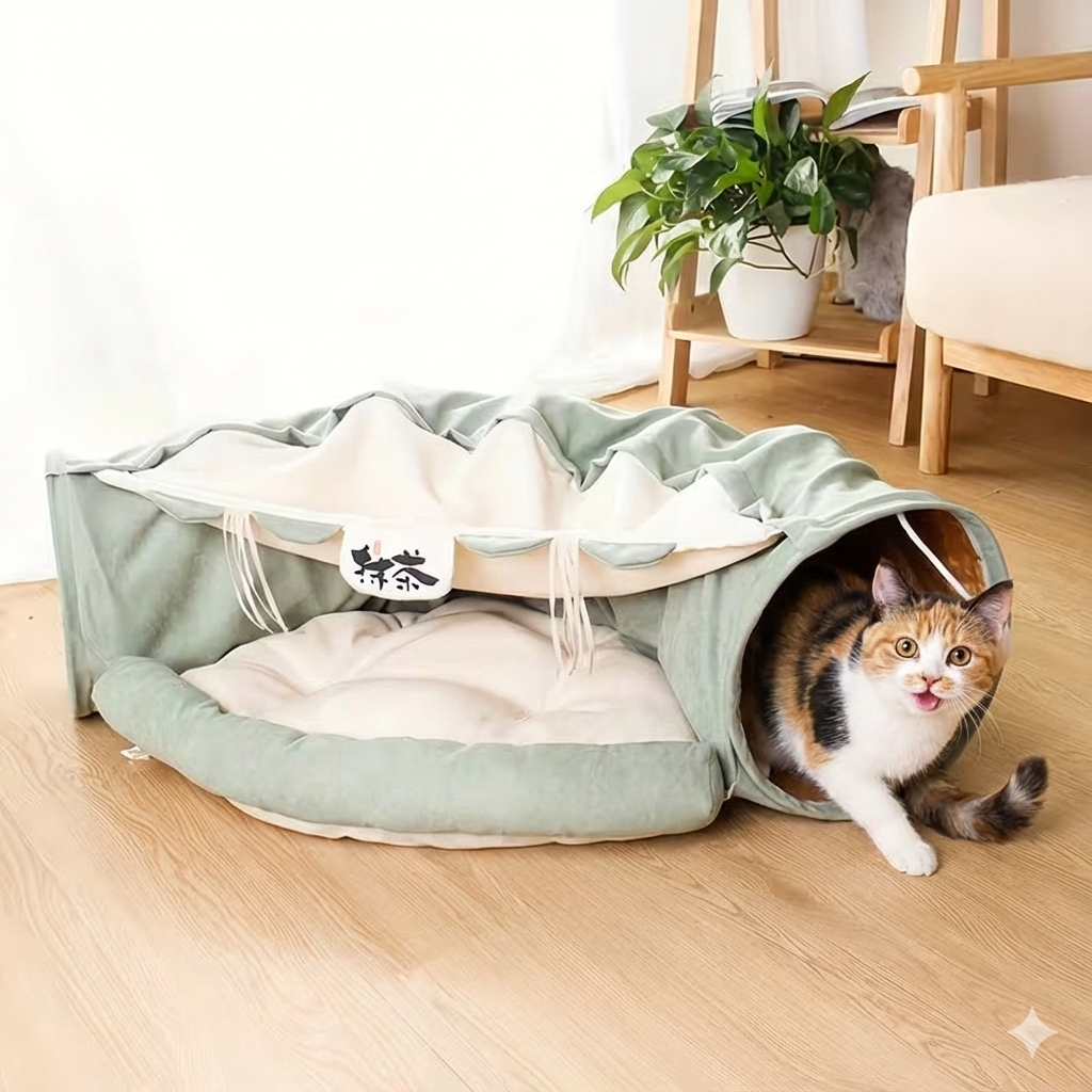 Cat peeking out from a green pet bed on a wooden floor with a plant and chair in the background.