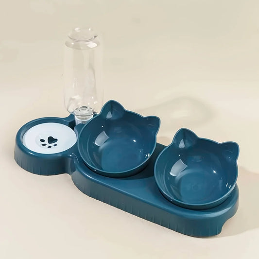 Blue pet bowl set with two bowls and a tray on a beige background
