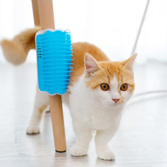 Cat using a blue pet brush on a light wooden floor
