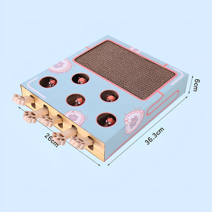 Pet toy with scratching area and tunnels on a light blue background
