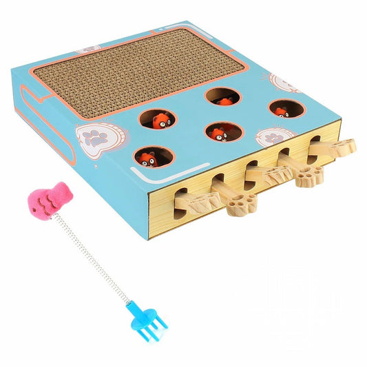 Cat toy with scratching pad and interactive elements on a white background