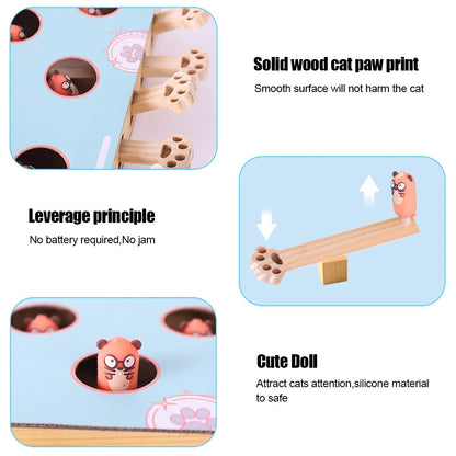 Product features of a cat toy with paw print design on a wooden surface.