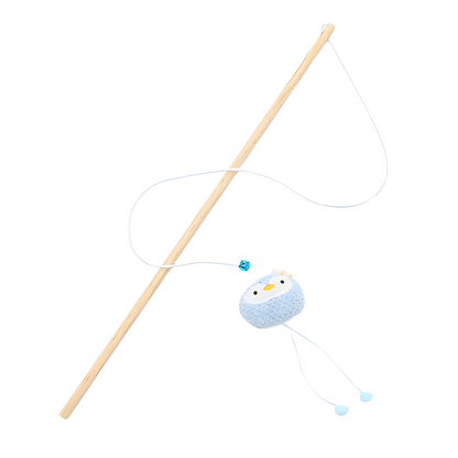 A wooden stick cat toy with a blue bird in a white background