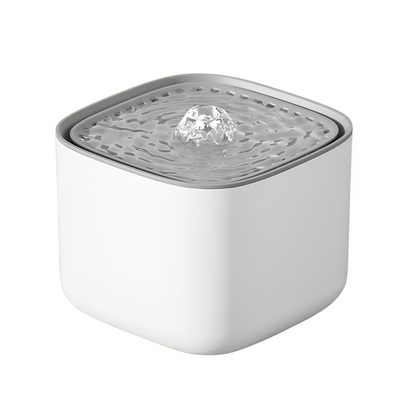 A white cat water fountain with a 3L capacity, featuring a flowing water effect and a diamond-shaped water feature in the center.