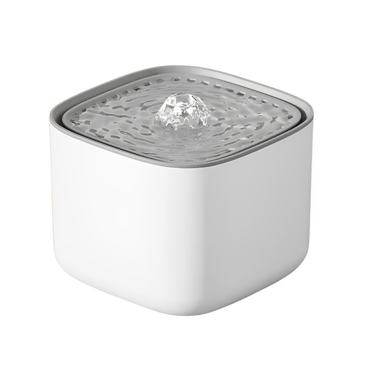 A white cat water fountain with a 3L capacity, featuring a flowing water effect and a diamond-shaped water feature in the center.