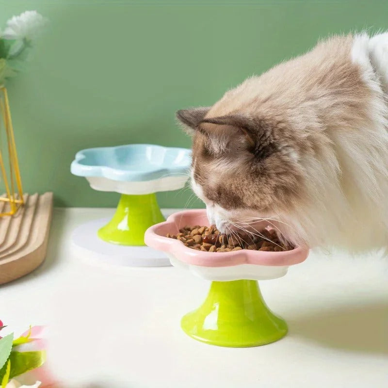 Ceramic Raised Cat Bowl - Flower Design