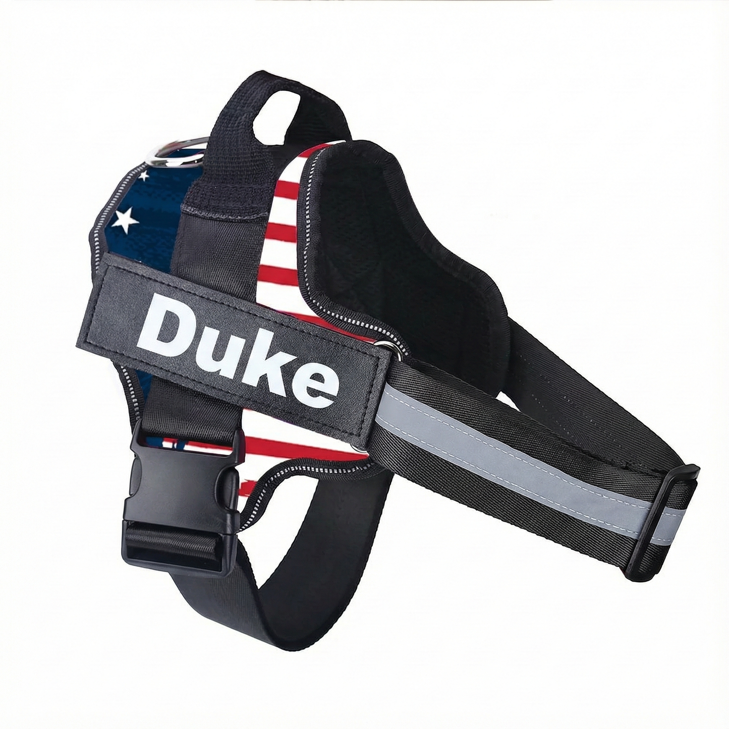 Dog harness with American flag design and 'Duke' branding on a white background