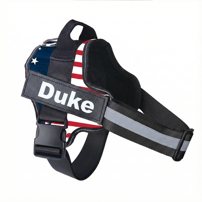 Dog harness with American flag design and 'Duke' branding on a white background