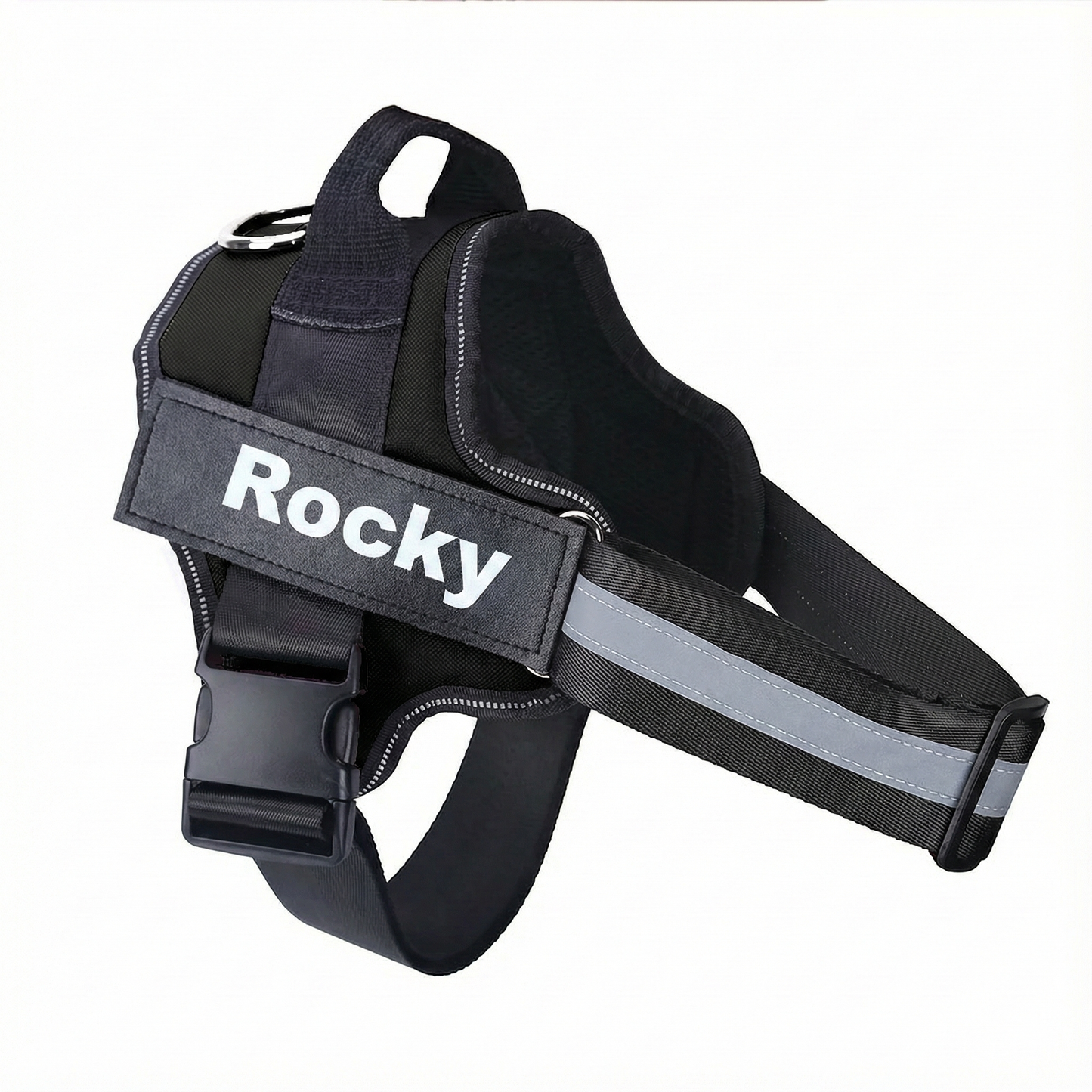 Black dog harness with 'Rocky' label on a white background