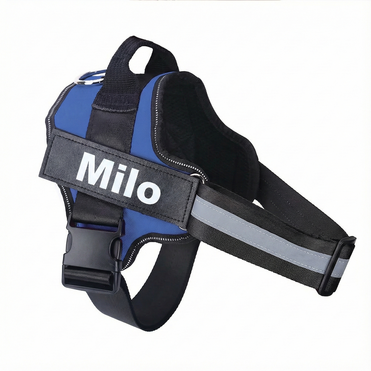Dog harness with 'Milo' branding on a white background