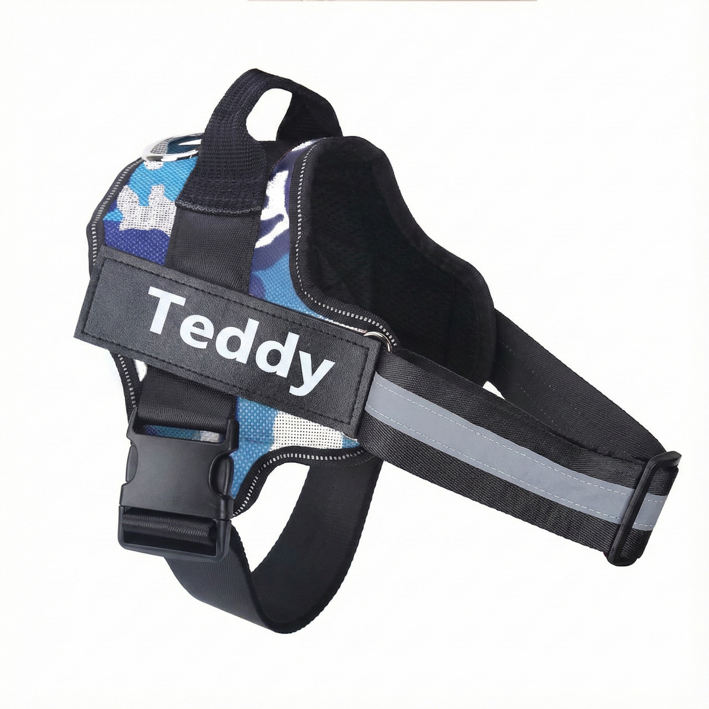 Dog harness with 'Teddy' printed on it against a white background