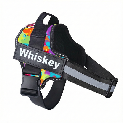 Dog harness with colorful design and 'Whiskey' label on a white background