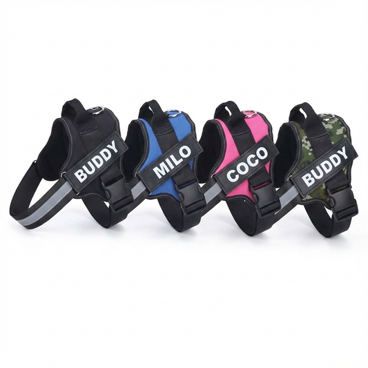 Four dog harnesses with names 'Buddy', 'Milo', 'Coco', and 'Buddy' on a white background