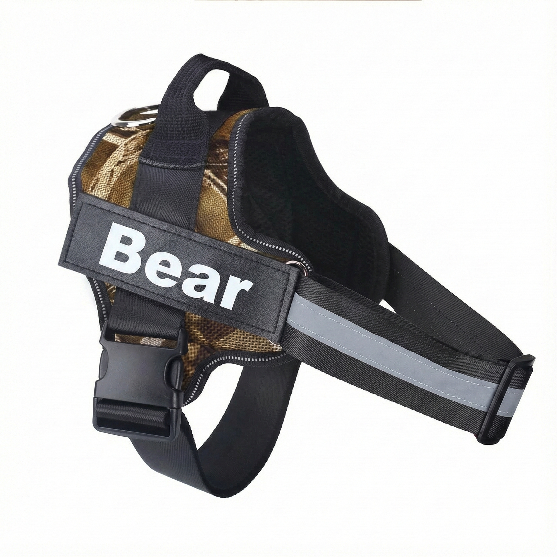 Black dog harness with 'Bear' label on a white background