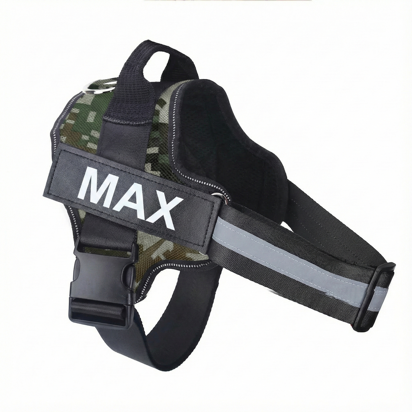 Dog harness with 'MAX' label on a white background