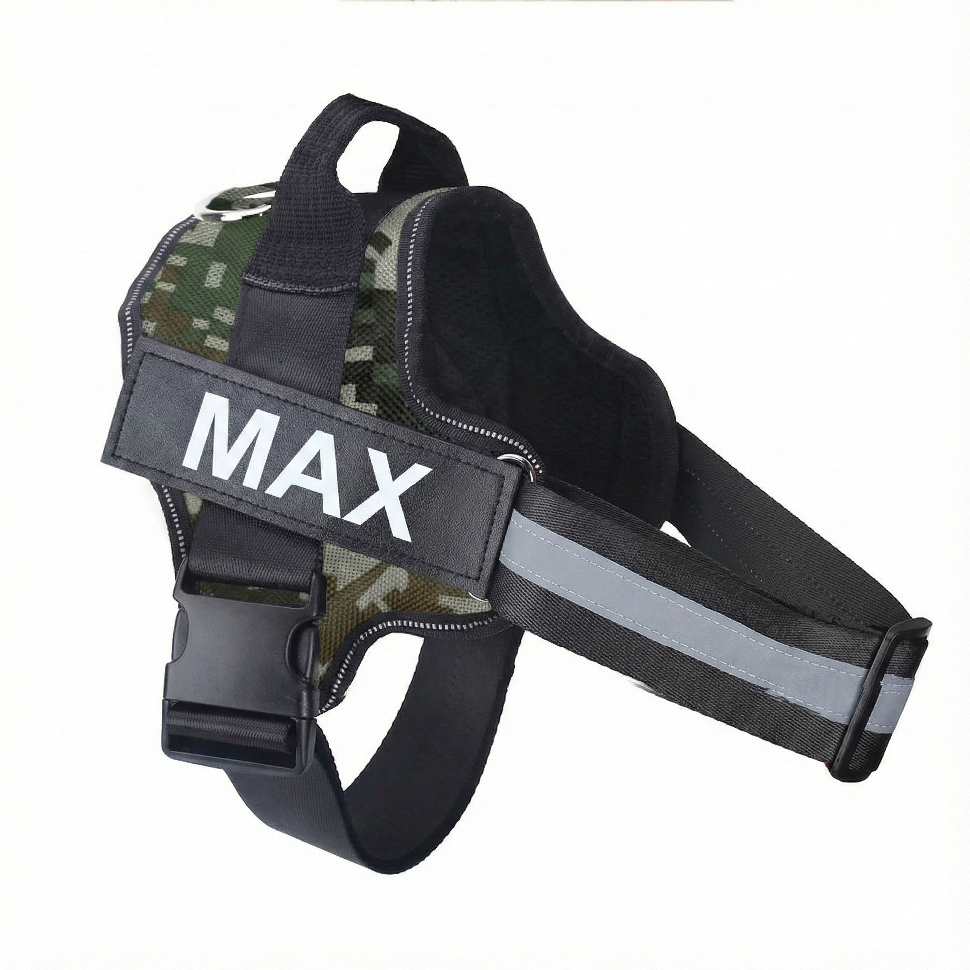 Dog harness with 'MAX' label on a white background