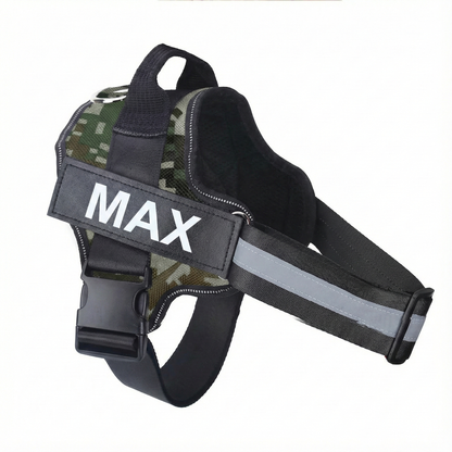 Dog harness with 'MAX' label on a white background