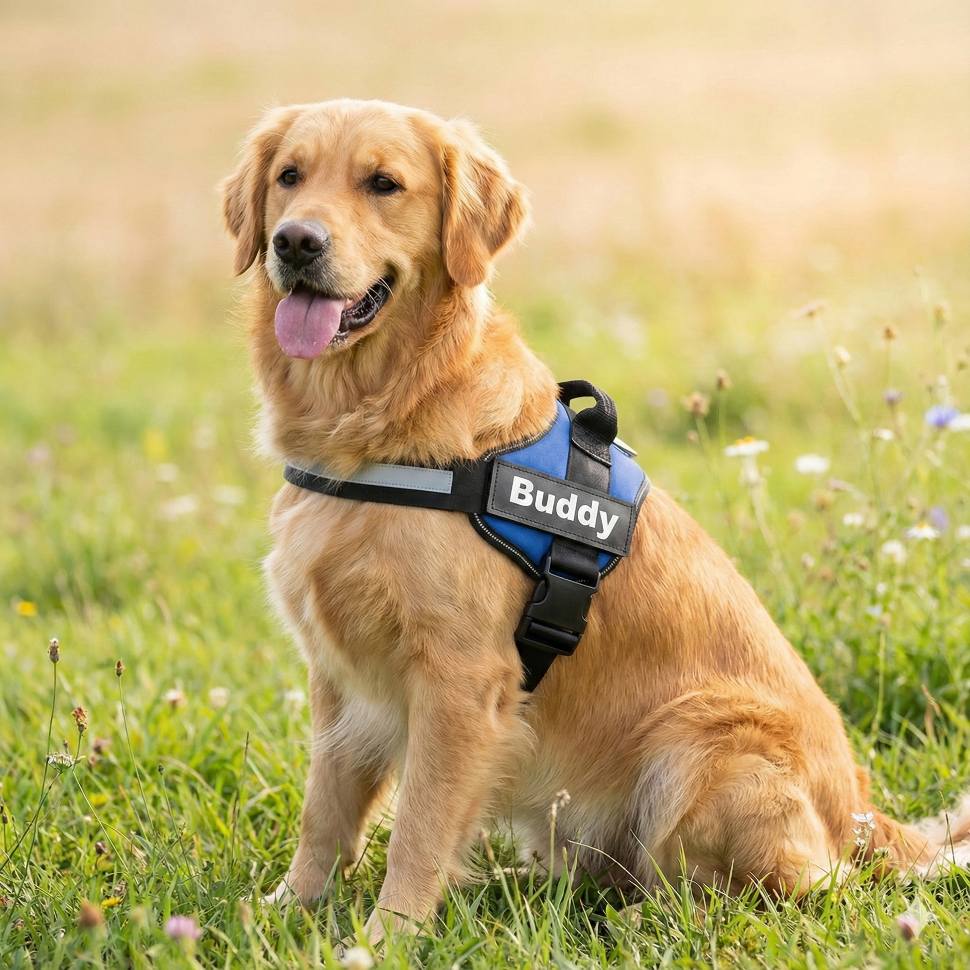 Dog wearing a harness with 'Buddy' on it, sitting in a grassy field.