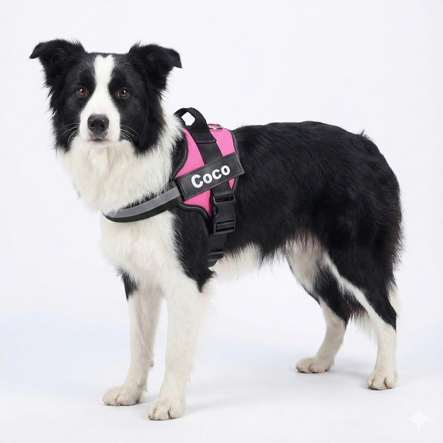 Black and white dog wearing a pink harness with 'Coco' on a white background