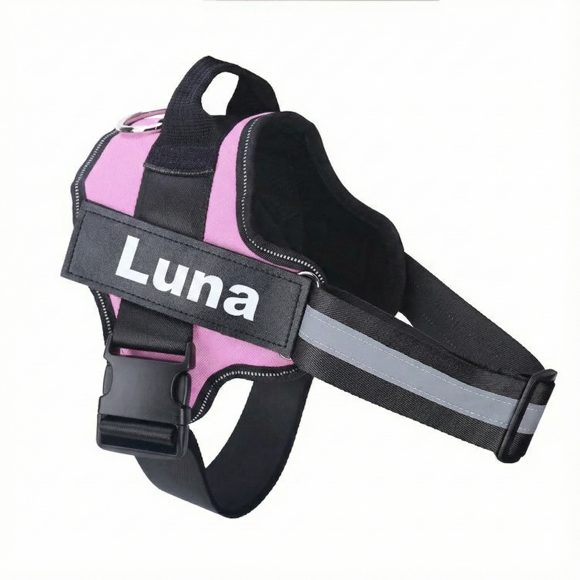 Pink dog harness with 'Luna' branding on a white background
