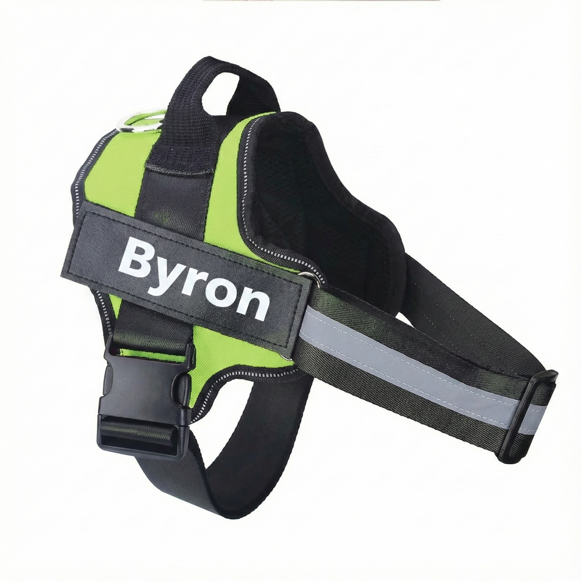 Green and black dog harness with 'Byron' branding on a white background