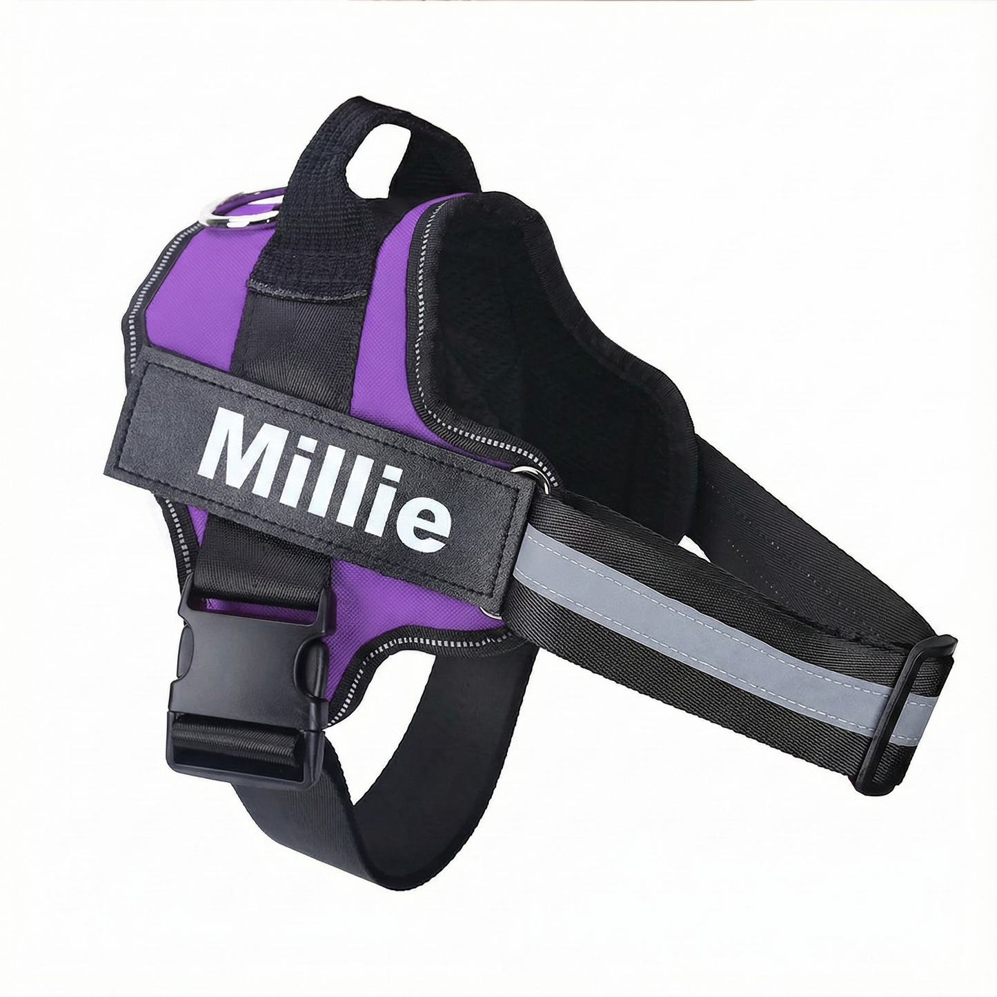 Purple and black dog harness with 'Millie' branding on a white background
