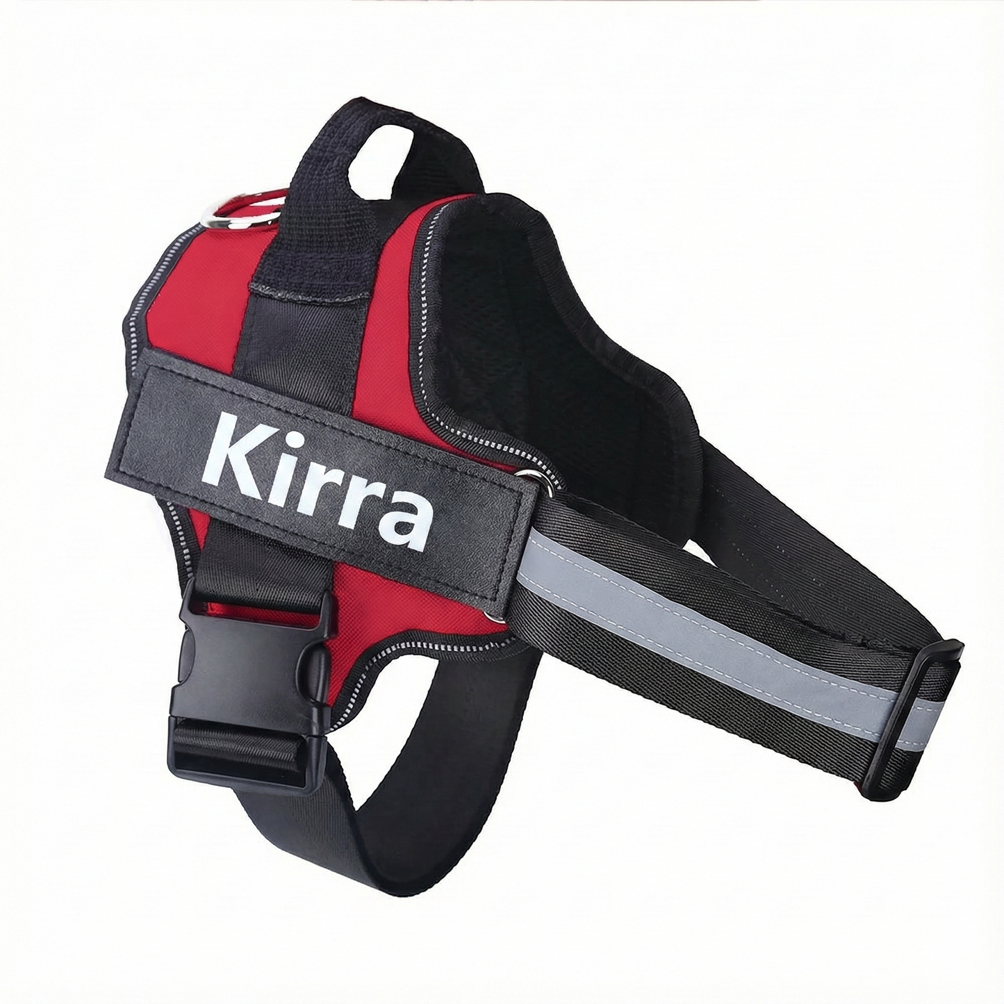 Red and black dog harness with 'Kirra' branding on a white background