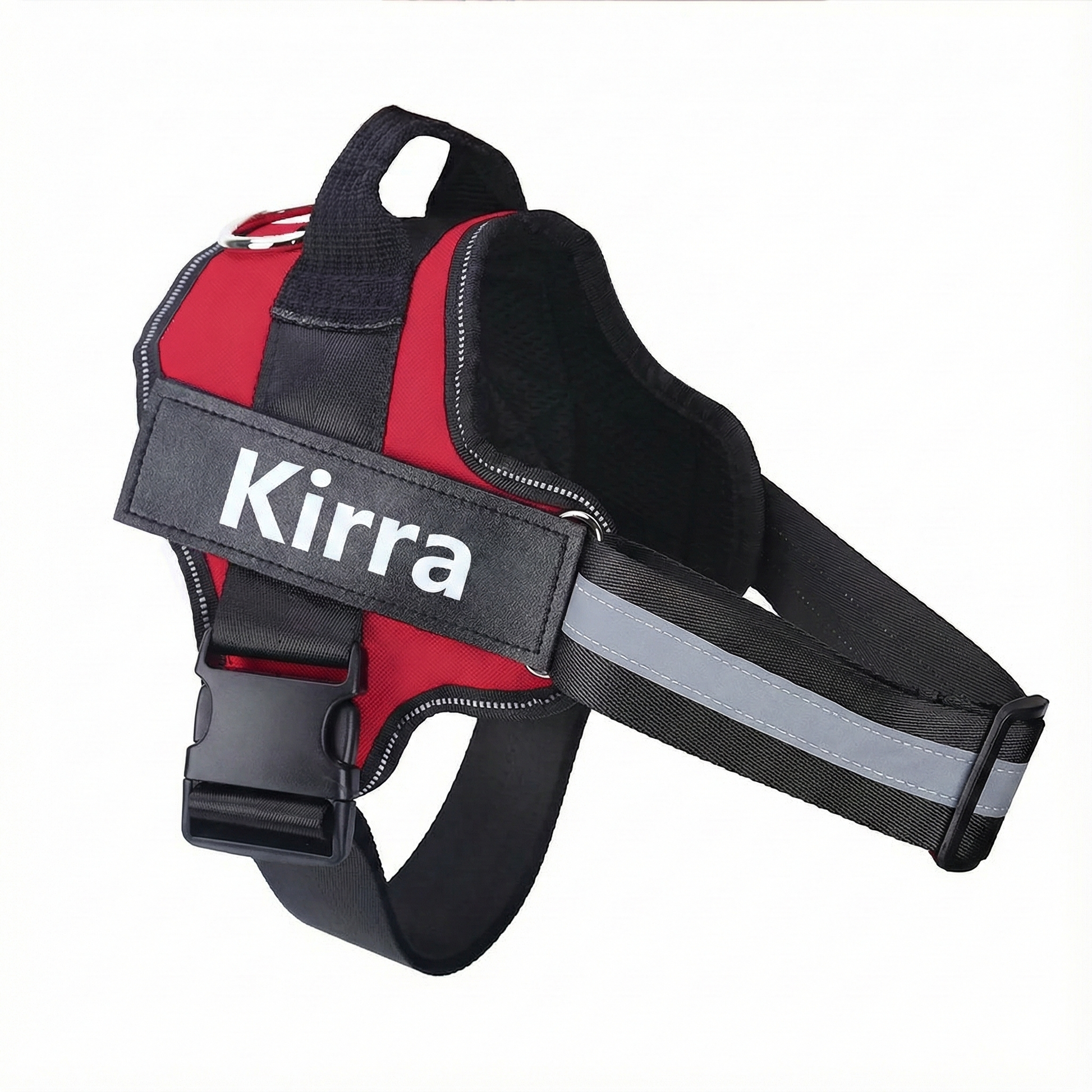 Red and black dog harness with 'Kirra' branding on a white background