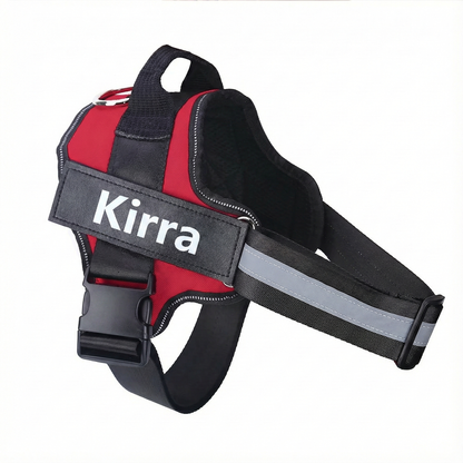 Red and black dog harness with 'Kirra' branding on a white background