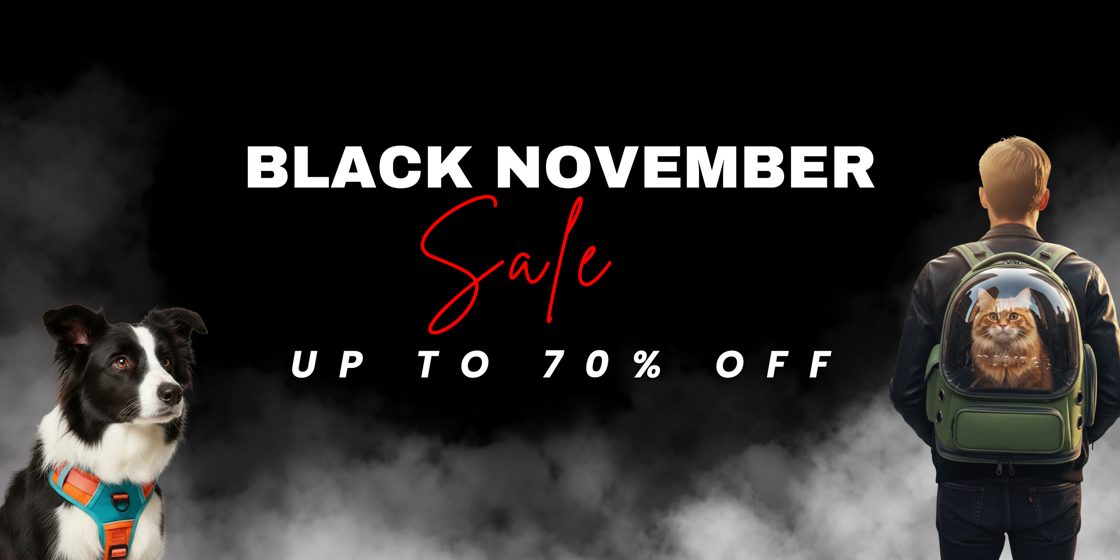 Black November Banner with a black background, a dog on the left corner and a person with a cat in a backpack in the right corner.