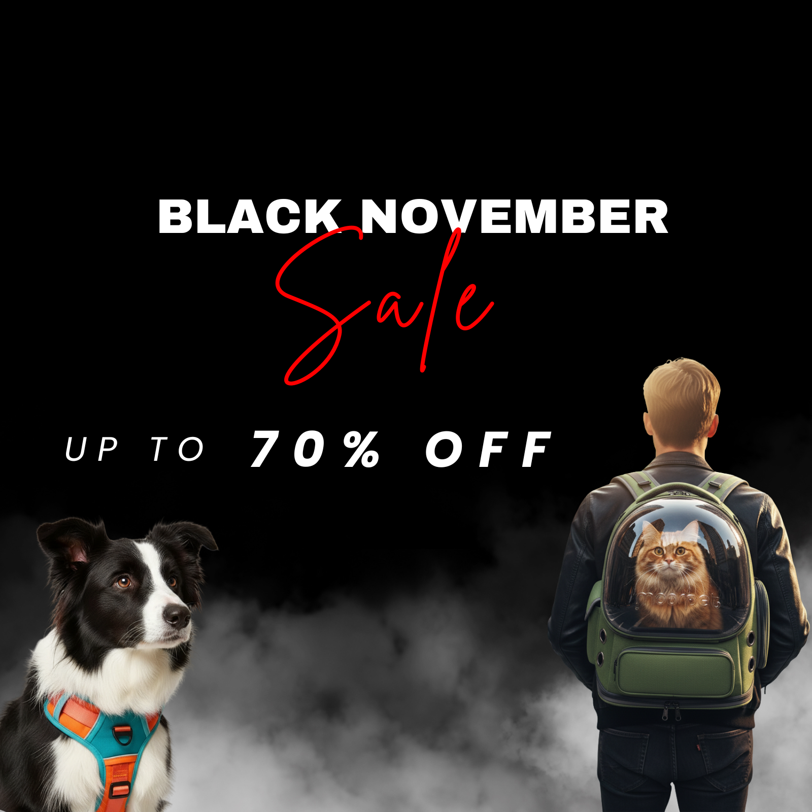 Black November Banner with a black background, a dog on the left corner and a person with a cat in a backpack in the right corner.