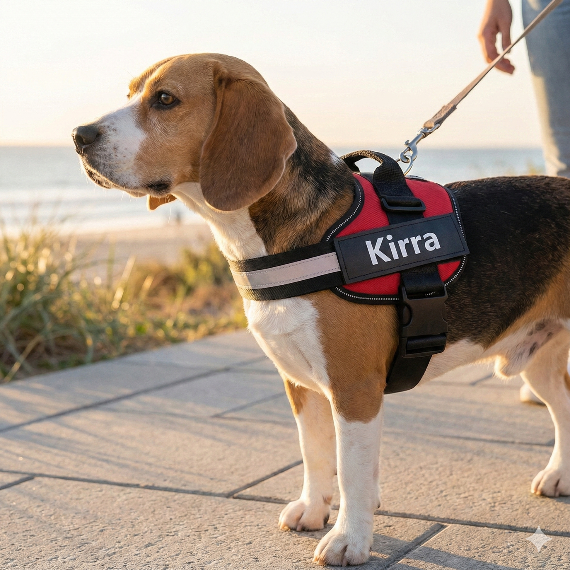 Dog wearing a red harness with 'Kirra' on it, standing on a path by the beach.