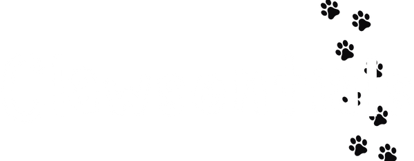 Clawsentials logo in white with black paws on the background