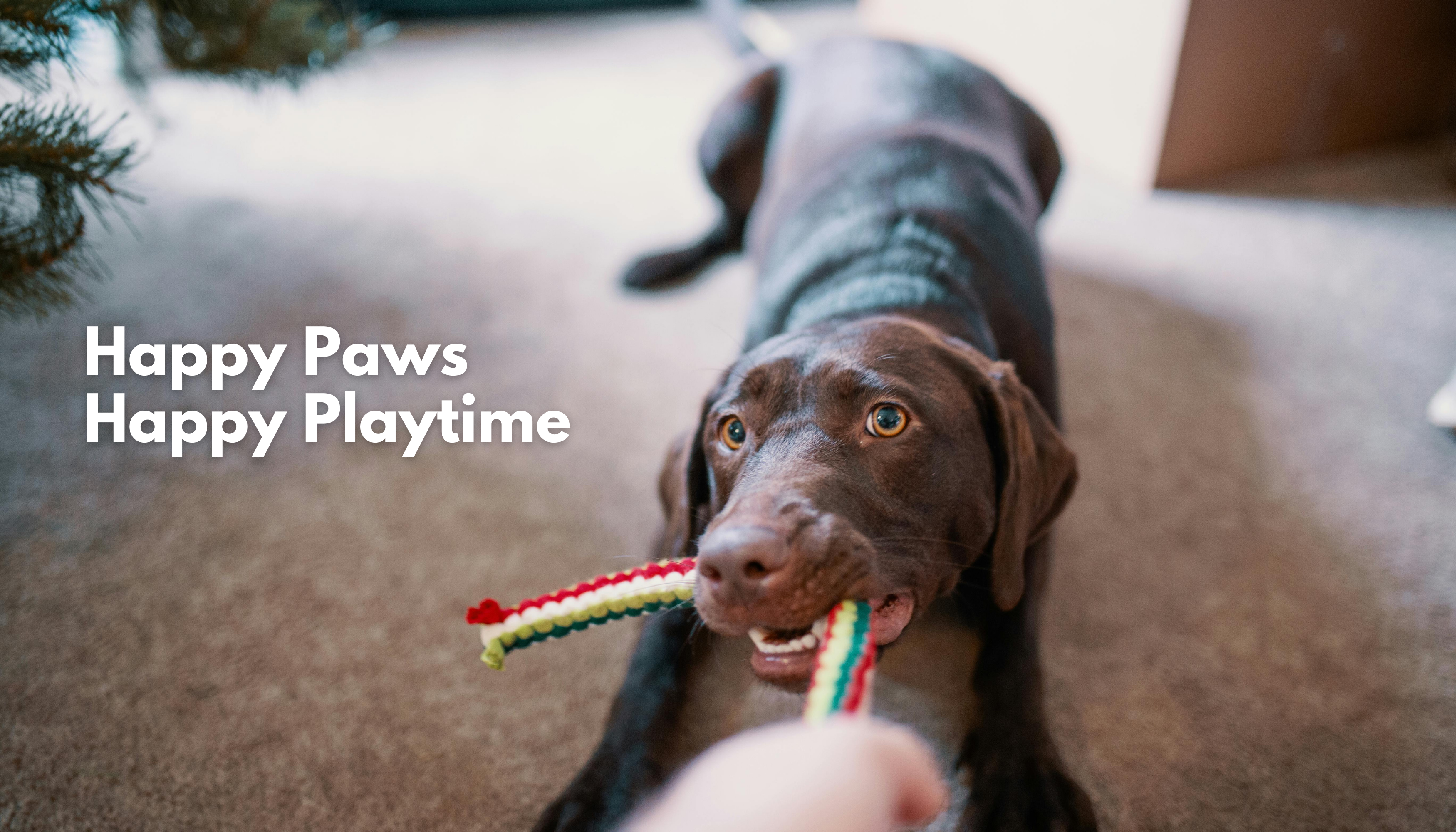 Dog playing with a colorful toy on a carpeted floor, with text 'Happy Paws Happy Playtime'.