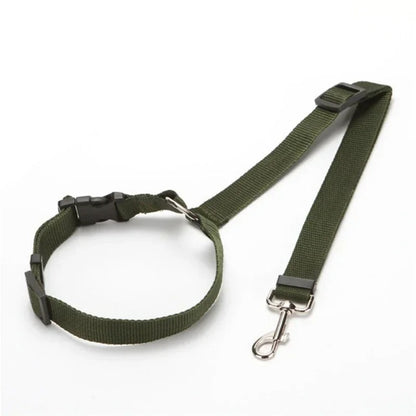 Green dog harness with a metal clip on a white background