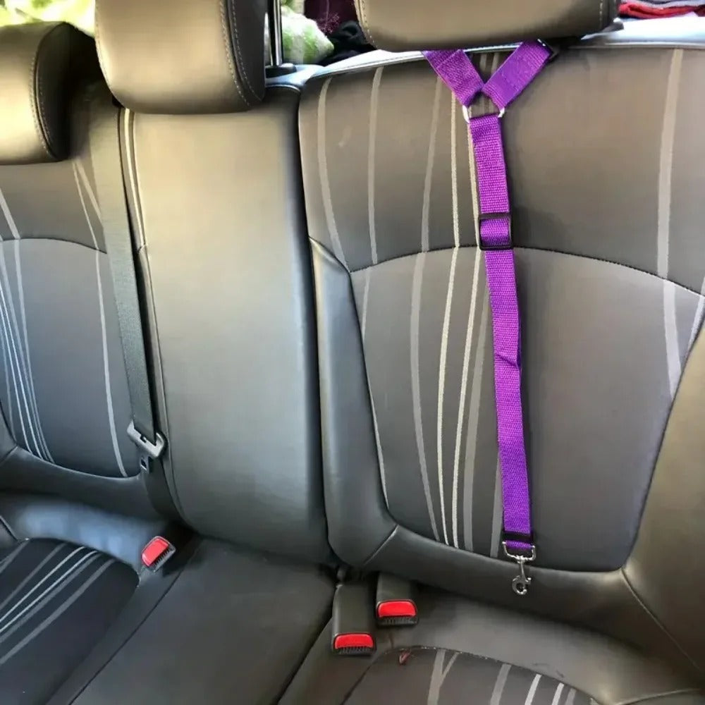 Car seat with a purple strap attached to a headrest