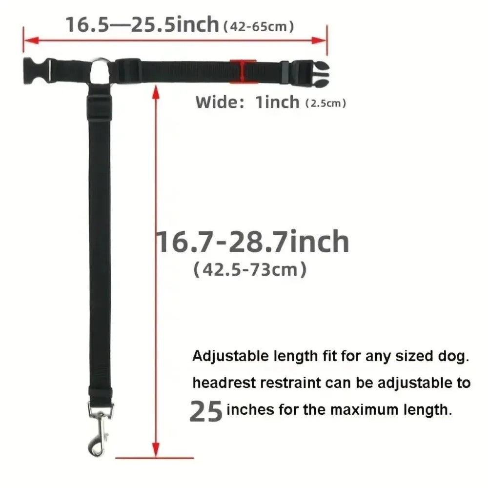 Dog headrest restraint with adjustable measurements on a white background