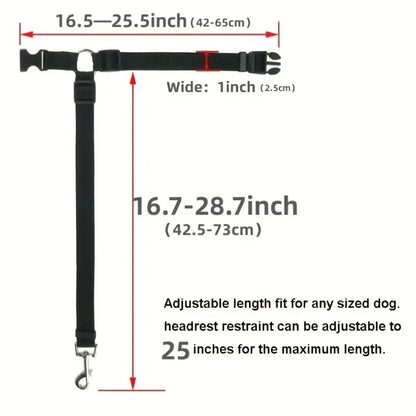 Dog headrest restraint with adjustable measurements on a white background