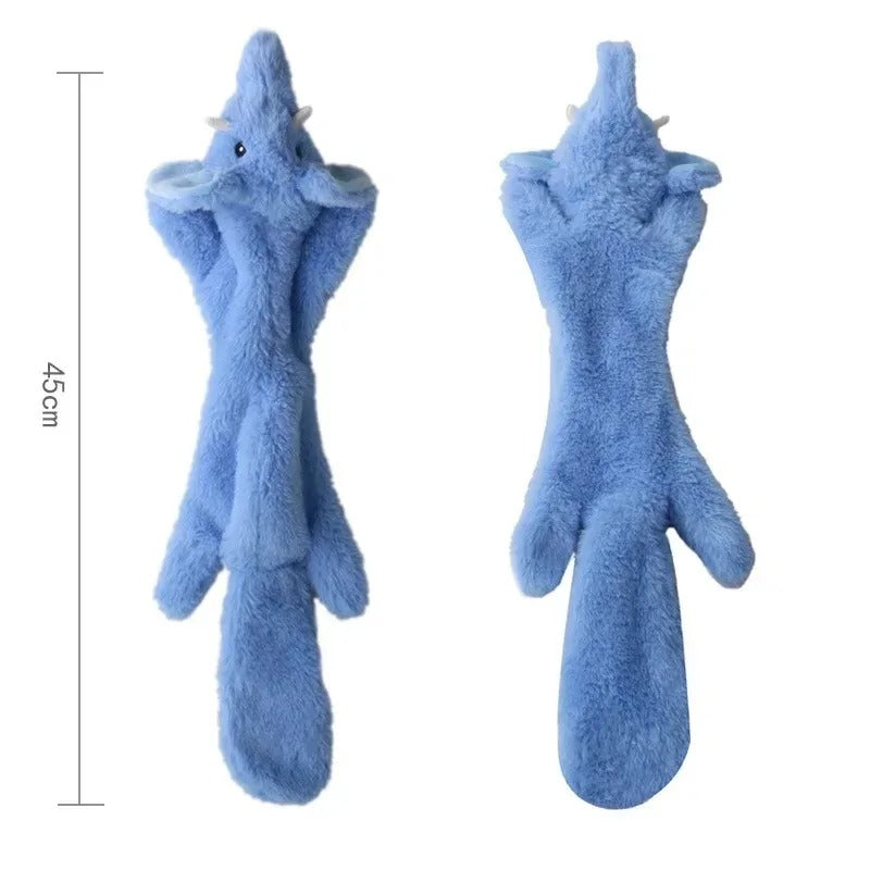 Two blue plush dragon toys with measurements on a white background