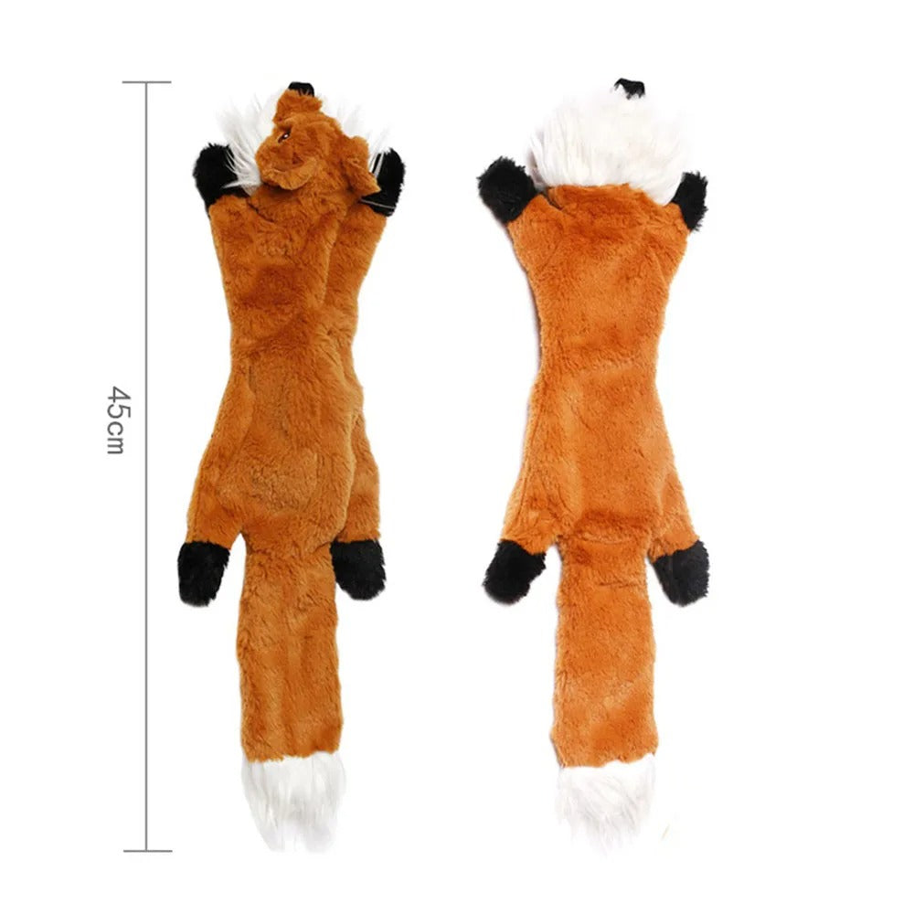 Two plush fox toys with measurement details on a white background