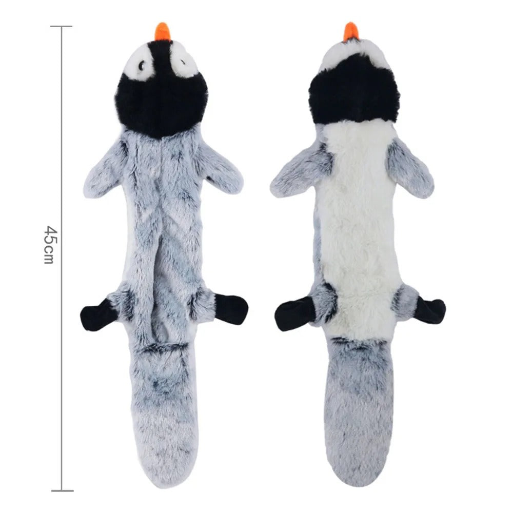 Two plush penguin toys with measurements on a white background